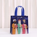 Three Kings Day non-woven gift bag with cartoon illustrations and blue handles - Dark Blue Chibi Figures Style (5046-4)