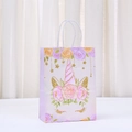 Unicorn kraft paper gift bag with pink floral patterns and white rope handles - Unicorn Rose Flower Style (538-4)