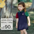 Short sleeve navy polo dress for girls with red and green color-block sleeves and A badge - 140cm / Bottoms / Deep Sea Blue