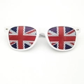 White party sunglasses featuring British Union Jack flag perforated lens stickers - UK Flag