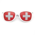 White party sunglasses featuring Swiss flag cross pattern on red dotted lenses - White