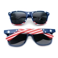 Two pairs of American flag sunglasses with star and stripe patterns in a square frame style - Blue Rivet Frame Grey Lens