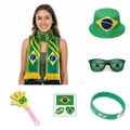 Set tifoso Brasile 6 pezzi con sciarpa, cappello pescatore, occhiali e battimani giallo - Kit Tifoso Brasile