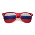 Red frame sunglasses with Russian flag pinhole mesh lens design on white background - Russia