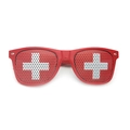 Red party sunglasses with white cross mesh lenses in classic Wayfarer style frame - Swiss