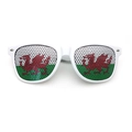 White sunglasses featuring Wales flag printed perforated lenses and silver rivets - Wales Flag