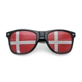 2026 World Cup sunglasses featuring Denmark flag perforated mesh lenses and black frames - Denmark Viking Ship