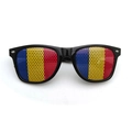 Black frame sunglasses featuring vertical blue, yellow, and red striped mesh lenses - Romania