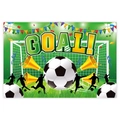 Detail of soccer party backdrop with GOAL text, football player silhouettes and stadium lights - Soccer Theme Backdrop