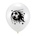 Close-up of white latex balloon with black football, flame, and star party prints - White
