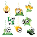 Macro detail of World Cup soccer party swirl decorations with gold trophies and cleats - Swirl Decorations