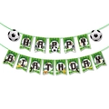 Football themed Happy Birthday banner set with soccer ball and green stadium graphics - Banner