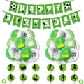 Detailoverzicht van voetbalfeestset met banner, ballonnen en taarttoppers voor kids - Set 1 (Witte & Groene Ballonnen, Banner, Toppers)