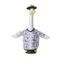 23-inch white goose lawn ornament dressed in a soccer themed shirt and black football hat - Maple Leaf Football Pattern