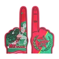 Close-up of Morocco foam hand fingers for 2026 World Cup soccer fans in red and green - Morocco (Red Green National Emblem Pentagram Soccer Silhouette)