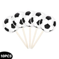 Detailed view of 10-piece soccer ball cupcake toppers with black and white football patterns - Soccer Cake Toppers Style Two