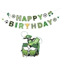 Detail of soccer themed Happy Birthday banner with football, gloves and trophy designs - Banner
