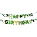 Close-up of Happy Birthday banner with soccer ball textures and goal graphic - Happy Birthday Banner (21 Pack)