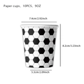 Détail des gobelets en papier foot de 9oz avec dimensions et motif hexagonal noir et blanc - Gobelet en Papier Football Noir et Blanc