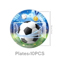 Detalle de un plato de papel de 18 cm con tema de fútbol y diseños de estadio y medallas - Platos de Papel Redondos Pequeños