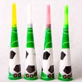Set of four colorful football vuvuzelas with soccer patterns and GO text for sport parties - Cheering Horns / Set of 6