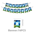 Blue football happy birthday banner set with champion trophy and sports icons - Happy Birthday Banner