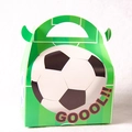 Detailed view of green soccer themed gift box with GOOOL slogan and goal pattern - Large Hexagon Gift Boxes / Set of 6