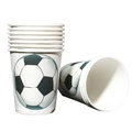 Close-up of disposable paper cups with classic black and white soccer ball pattern design - Paper Cups (White Soccer) / 10 Pieces Pack