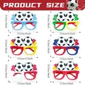 Size chart for soccer theme party glasses in six colors with detailed measurements - Soccer Theme Plastic Glasses