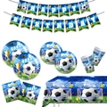 Soccer party supplies set with Happy Birthday banner, plates, cups, and tablecloth - Full Party Tableware Decoration Set (Includes Tablecloth/Banner/Plates/Napkins/Cups)