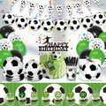 Detailed view of soccer birthday party set with balloons, plates, and cake toppers - 5 Piece Party Pack