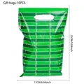 Vue détaillée des sacs cadeaux rayés vert et blanc 25x17cm avec poignée et dimensions - Football Américain Vert