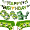 Fußball Party Deko Set mit Happy Birthday Banner, Tellern, Bechern und Tischdecken - Banner Teller Tassen Servietten Tischdecke Set