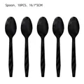 Set of 10 black football party plastic spoons with diamond texture handle 16.1cm - Black Plastic Spoons (10 PCS)