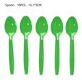 Detail of 10-piece bright green plastic party spoons measuring 16.1x3cm on white background - Green Plastic Spoons