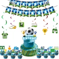 Soccer theme birthday party kit with Happy Birthday banner, cake toppers and swirls - Banner Cake Toppers and Swirls 4-Piece Set