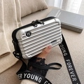 Silver hard shell mini suitcase shoulder bag with horizontal stripes and logo strap - Silver