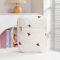 Ivory quilted book organizer bag with elegant black bow embroidery and gold zipper - Embroidered Bow Beige / 29*8*22.5cm