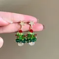 Christmas tree drop earrings with bow and star details in festive red and green - Star Handmade Beaded Christmas Tree Style (7232)
