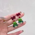 Christmas tree earrings with flocked wine red bow and green crystal beads in hand - Wine Red Bow Crystal Tree Style (7154)