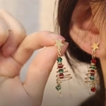 Christmas tree earrings with gold stars and red green beads on spiral metallic wire - Gold Spiral Red Green Beaded Tree Style (0765)