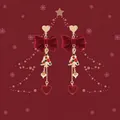 Festive deep red velvet bow earrings with Christmas tree and gold heart pendants - Deep Red Velvet Long Christmas Pendant Style (Stud Earrings 0036)