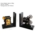 Pair of retro matte black resin bookends featuring vintage camera and projector designs - Vintage Camera And Projector (KB383)