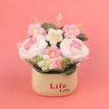 Handgefertigte Häkelblumen im Topf in Rosa und Weiß mit Life-Schriftzug-Basis - Koreanische Rosa Rose mit Farbverlauf Blumentube (Life Topf)