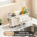 Creamy white kitchen sink organizer with suction cups and stainless steel hanging bar - [upgraded Suction Cup - Stable And Wobble-free] Off-white - Drain Rack With Rod (sloping Drain/straight Into Sink)