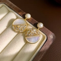 Elegant gold earrings with pearl studs and round mother-of-pearl zircon pendants - E5232 Silver Needle - Gold