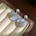 Elegant silver bow earrings with round mother-of-pearl and sparkling zircon inlays - E5232 Silver Needle - Silver