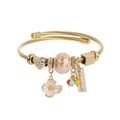 Golden stainless steel bead bracelet with pink ceramic flower and heart pendants - Pink Flower Style (C)