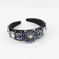 Detailed view of Baroque headband with blue crystals and centered faux pearl ornament - Black Satin Deep Blue Clear Rhinestone (E)