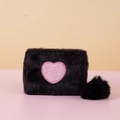 Fuzzy black faux fur storage pouch with a pink glitter heart and soft fur ball charm - Black